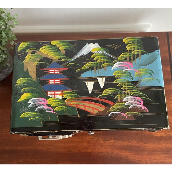 Vintage Black Lacquer Japanese Jewelry Box Ballerina Music Box Hand-painted - Picture 3 of 12